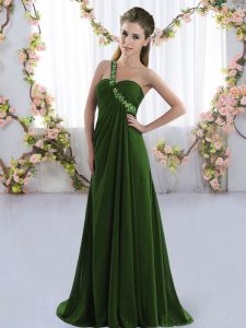 Olive Green One Shoulder Neckline Beading Court Dresses for Sweet 16 Sleeveless Lace Up