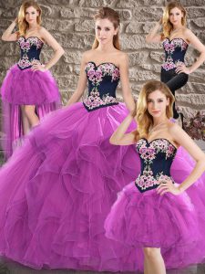 Sleeveless Floor Length Beading and Embroidery Lace Up Quinceanera Gowns with Purple