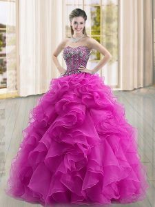 Fashion Floor Length Fuchsia Sweet 16 Dress Organza Sleeveless Beading and Ruffles