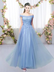 Blue Sleeveless Floor Length Lace Lace Up Court Dresses for Sweet 16