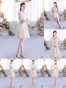 Discount Champagne Lace Up Quinceanera Court Dresses Lace Short Sleeves Mini Length
