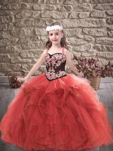 Floor Length Lace Up Pageant Dress Toddler Red for Party and Wedding Party with Embroidery and Ruffles