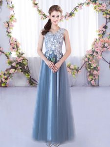 Fitting Blue A-line Tulle V-neck Sleeveless Lace Floor Length Lace Up Quinceanera Dama Dress