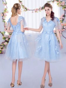Light Blue A-line Tulle V-neck Short Sleeves Appliques Knee Length Lace Up Quinceanera Court Dresses