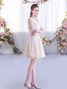 Custom Design Champagne Lace Up Scoop Short Sleeves Mini Length Dama Dress for Quinceanera Lace