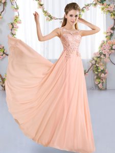 Sleeveless Floor Length Lace Lace Up Court Dresses for Sweet 16 with Peach