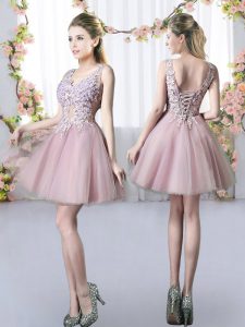 Glorious Pink Sleeveless Tulle Lace Up Dama Dress for Prom and Party and Wedding Party