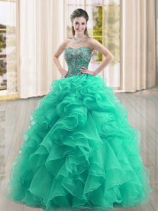 Floor Length Lace Up Sweet 16 Quinceanera Dress Turquoise for Military Ball and Sweet 16 and Quinceanera with Beading and Ruffles