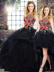 Hot Selling Black Bateau Neckline Beading and Embroidery Quinceanera Gowns Sleeveless Lace Up