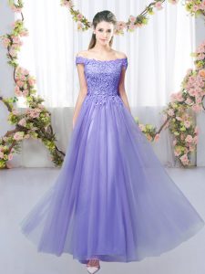 Comfortable Lavender Quinceanera Court of Honor Dress Prom and Party and Wedding Party with Lace Off The Shoulder Sleeveless Lace Up