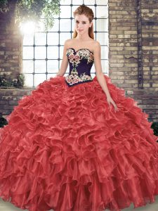 Popular Red Lace Up Sweet 16 Dress Embroidery and Ruffles Sleeveless Sweep Train