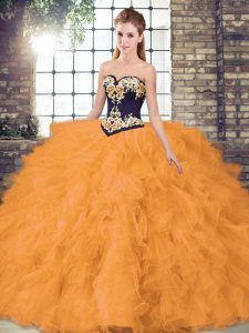 Orange Lace Up Sweetheart Beading and Embroidery Quince Ball Gowns Organza Sleeveless