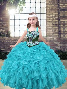 Aqua Blue and Turquoise Lace Up Pageant Dress for Womens Embroidery and Ruffles Sleeveless Floor Length