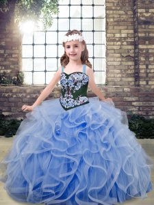Straps Sleeveless High School Pageant Dress Floor Length Embroidery and Ruffles Light Blue Tulle