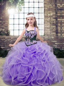 Sleeveless Floor Length Embroidery and Ruffles Lace Up Pageant Dress Toddler with Lavender