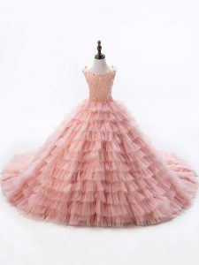 Eye-catching Pink Lace Up Scoop Beading and Ruffled Layers High School Pageant Dress Sleeveless Court Train