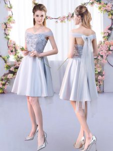 New Arrival Silver A-line Lace Dama Dress Lace Up Satin Sleeveless Knee Length