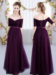 Off The Shoulder Short Sleeves Quinceanera Court Dresses Floor Length Ruching Dark Purple Tulle