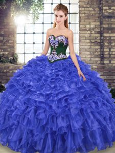 Royal Blue Sleeveless Embroidery and Ruffles Lace Up Quince Ball Gowns