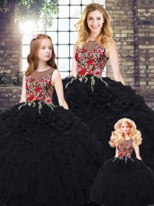 Captivating Black Sleeveless Floor Length Embroidery and Ruffles Zipper Sweet 16 Dress