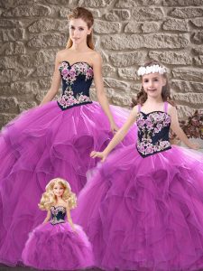 Purple Tulle Lace Up Sweetheart Sleeveless Floor Length Ball Gown Prom Dress Beading and Embroidery
