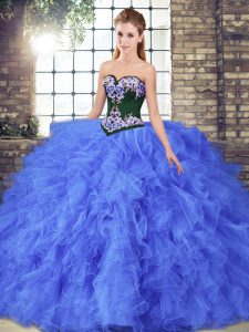 Blue Ball Gowns Sweetheart Sleeveless Tulle Floor Length Lace Up Beading and Embroidery Sweet 16 Dresses