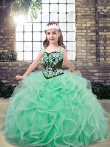 Amazing Floor Length Apple Green Little Girls Pageant Dress Tulle Sleeveless Embroidery and Ruffles