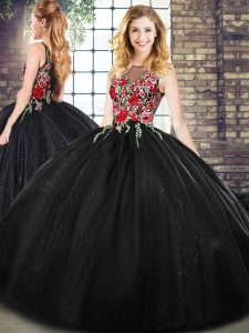 Black Quinceanera Dress Military Ball and Sweet 16 and Quinceanera with Embroidery Scoop Sleeveless Zipper