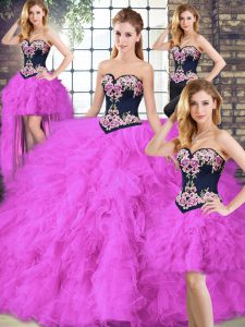 Sleeveless Tulle Floor Length Lace Up 15 Quinceanera Dress in Fuchsia with Beading and Embroidery