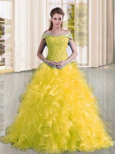 Yellow A-line Beading and Lace and Ruffles Quinceanera Gown Lace Up Organza Sleeveless