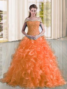Beautiful Orange Off The Shoulder Lace Up Beading and Lace and Ruffles Quinceanera Dress Sweep Train Sleeveless