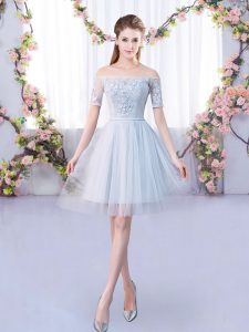 Short Sleeves Mini Length Lace Lace Up Quinceanera Court of Honor Dress with Grey