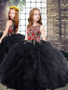 Adorable Floor Length Black Little Girls Pageant Dress Tulle Sleeveless Embroidery and Ruffles