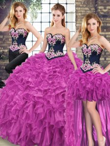 Sleeveless Organza Sweep Train Lace Up Ball Gown Prom Dress in Fuchsia with Embroidery and Ruffles