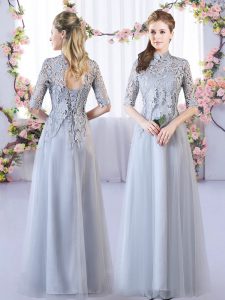 Grey Empire Lace Dama Dress for Quinceanera Lace Up Tulle Half Sleeves Floor Length