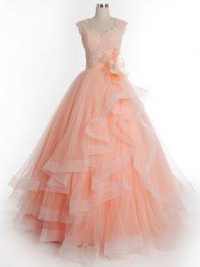 Floor Length Lace Up Quinceanera Dress Peach for Military Ball and Sweet 16 and Quinceanera with Ruffles