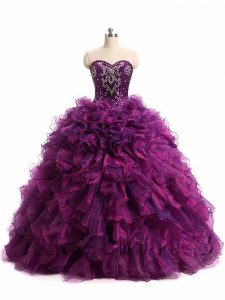 Vintage Sweetheart Sleeveless Lace Up Quinceanera Gowns Purple Organza