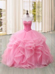 Stunning Sleeveless Tulle Sweep Train Lace Up Quince Ball Gowns in Pink with Beading and Ruffles