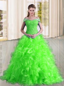 Sleeveless Organza Sweep Train Lace Up Ball Gown Prom Dress for Military Ball and Sweet 16 and Quinceanera