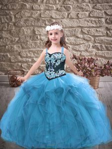 Embroidery and Ruffles Kids Pageant Dress Baby Blue Lace Up Sleeveless Floor Length