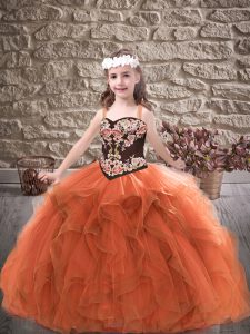 Rust Red Ball Gowns Straps Sleeveless Tulle Floor Length Lace Up Embroidery and Ruffles Pageant Dress Toddler