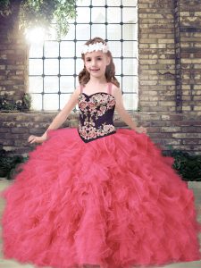 Affordable Straps Sleeveless Lace Up Pageant Dress for Womens Coral Red Tulle
