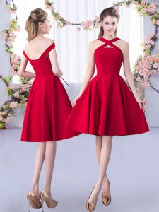Shining A-line Quinceanera Dama Dress Red Straps Satin Sleeveless Knee Length Zipper