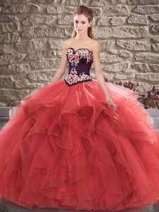 Artistic Red Ball Gowns Beading and Embroidery Sweet 16 Quinceanera Dress Lace Up Tulle Sleeveless Floor Length