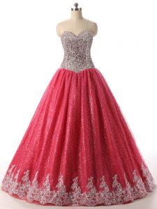 Inexpensive Sequined Sweetheart Sleeveless Lace Up Beading and Appliques Quinceanera Gowns in Coral Red