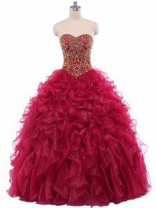 Wine Red Ball Gowns Sweetheart Sleeveless Organza Floor Length Lace Up Beading and Ruffles Quinceanera Gowns