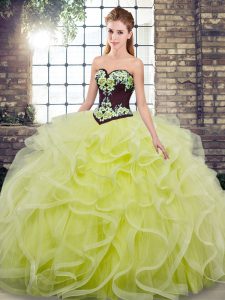 Pretty Sleeveless Sweep Train Embroidery and Ruffles Lace Up Sweet 16 Dresses