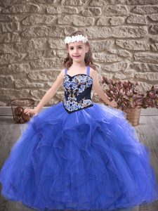 Glorious Royal Blue Sleeveless Embroidery and Ruffles Floor Length High School Pageant Dress