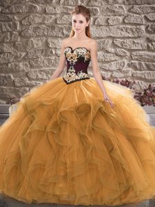 Orange Ball Gowns Sweetheart Sleeveless Tulle Floor Length Lace Up Beading and Embroidery Quinceanera Dress