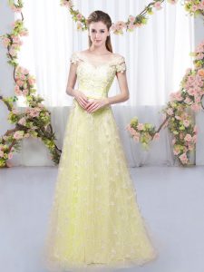 Delicate Cap Sleeves Tulle Floor Length Lace Up Dama Dress for Quinceanera in Light Yellow with Appliques